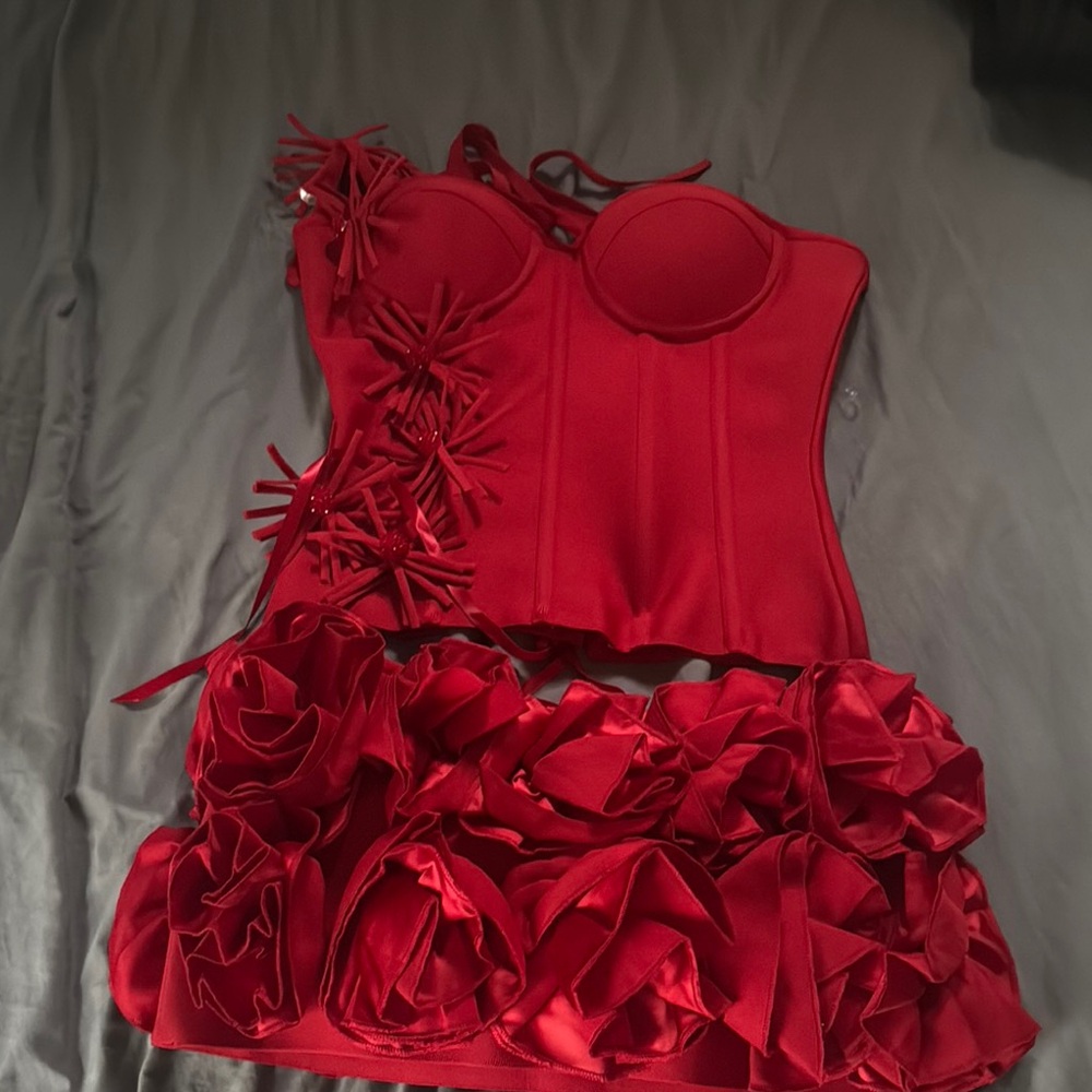 Red Floral Appliqué Bustier Top and Skirt Set